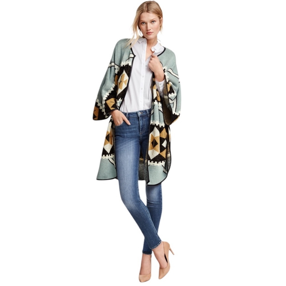 H&M Open Front Aztec Print Cardigan Duster Faux Leather Trim (K-1)